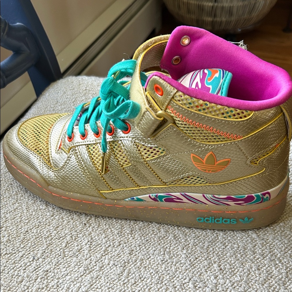 adidas Metallic Gold High-Top Sneaker with Teal Laces and Pink Lining